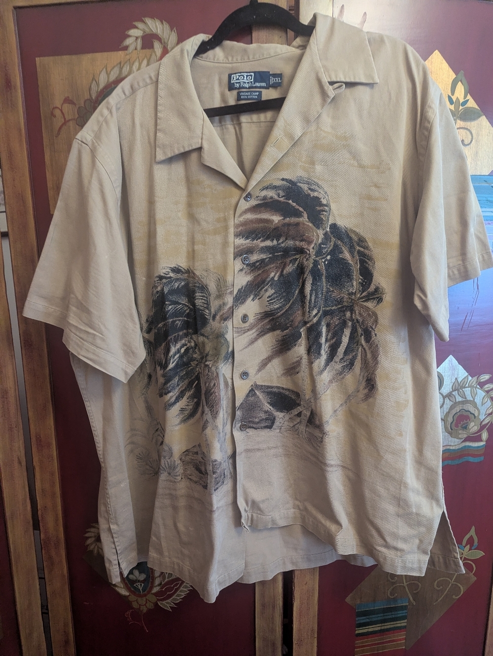 Vtg Polo Ralph Lauren AOP Shirt Mens XXL Tan Camp Palm Tree Hawaiian Button Up